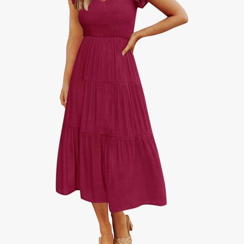 Flutter Sleeve Smocked Elastic Midi Dress - Picture 4 of 6